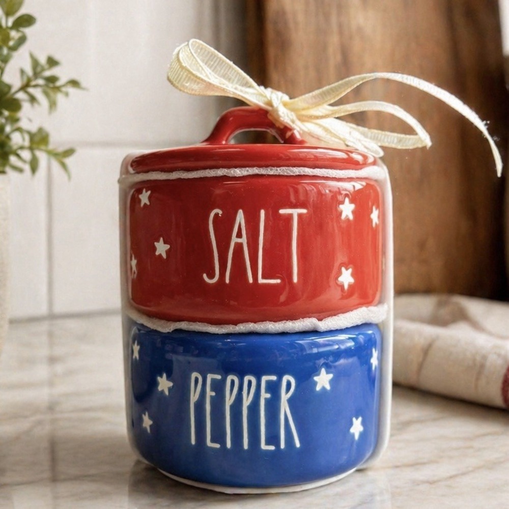 NWT Rae Dunn Patriotic Salt & Pepper Stacking Ceramic Cellar Set